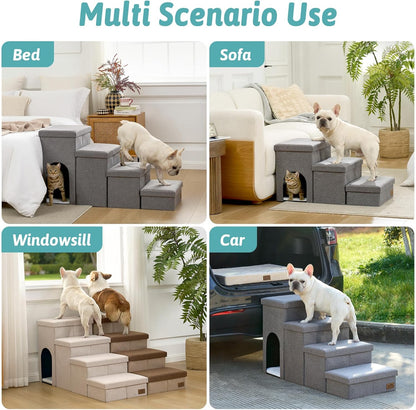 Dog Stairs with Storage, 4-Step Wider Sturdy Dog Steps for Small/Medium/Large Dogs and Older Cats, Folding Doggie Ramp for Bed/Couch/Car Hold Up to 180 lbs (22" H, Brown)