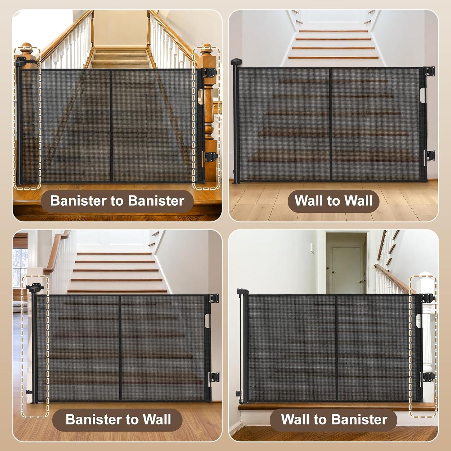 Upgraded Retractable Baby Gates for Stairs & Banister, Mesh Dog Gate Indoor, Extends to 55" Wide 33" Tall, Child Safety Gate for Stairway, Banister & Wall Mount (Gray)