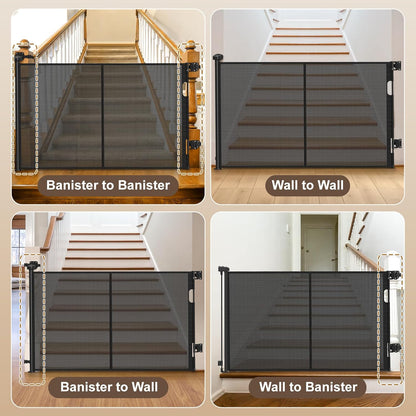 Upgraded Retractable Baby Gates for Stairs & Banister, Mesh Dog Gate Indoor, Extends to 55" Wide 33" Tall, Child Safety Gate for Stairway, Banister & Wall Mount (Gray)
