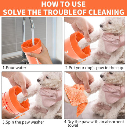 Professional 7 in 1 Dog Paw Cleaner for Dogs & Cats - Includes 1 Portable Paw Washer, 1 Bath Brush, 2 Dog Toothbrushes and 3 Absorbent Towels Note: Fits Paws up to 2 Inches Wide (Small, Blue)