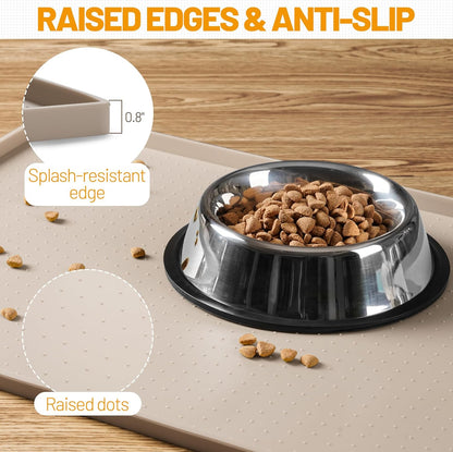 Hubulk Dog Feeding Mat,100% Waterproof Food Grade Silicone Pet Food and Water Bowl Placemat,Dishwasher, High Raised Edge to Prevent Spills,Nonslip Tray to Stop Messes on Floor (19"x12"x0.5", Grey)