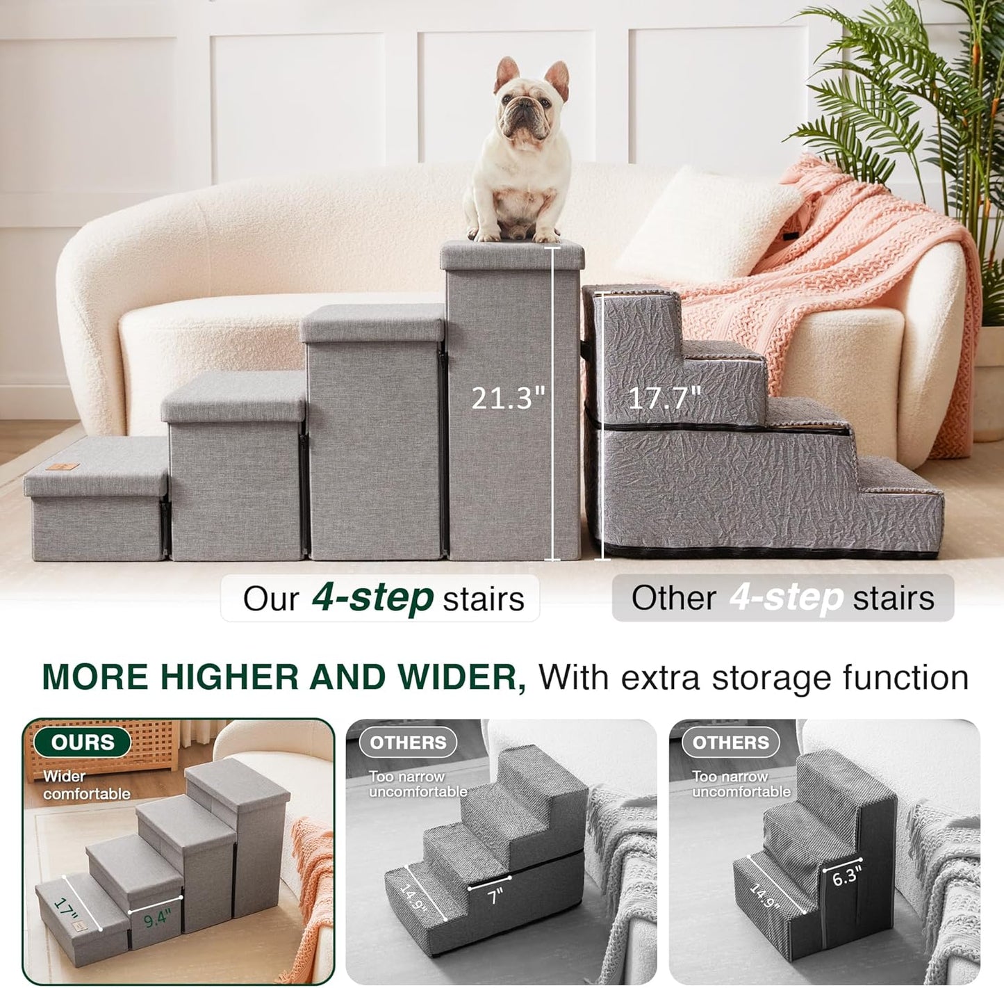Love's cabin Dog Stairs with Storage 13" H, Foldable Pet Stairs for Small Medium or Large Dogs, Cat Puppy Steps Ramp with Zip up to 150 lbs, Solid Grey, 2 Steps