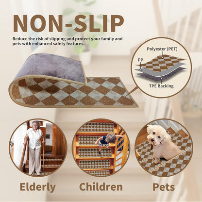 Non-Slip Stair Treads for Wooden Steps 15pcs,8"x30" Stair Carpet Treads for Indoor Use,Peel and Stick Stair Runners,Washable Reusable Adhesive Backing,Pet-Friendly Stair Capet for Kids,Elders,Dogs