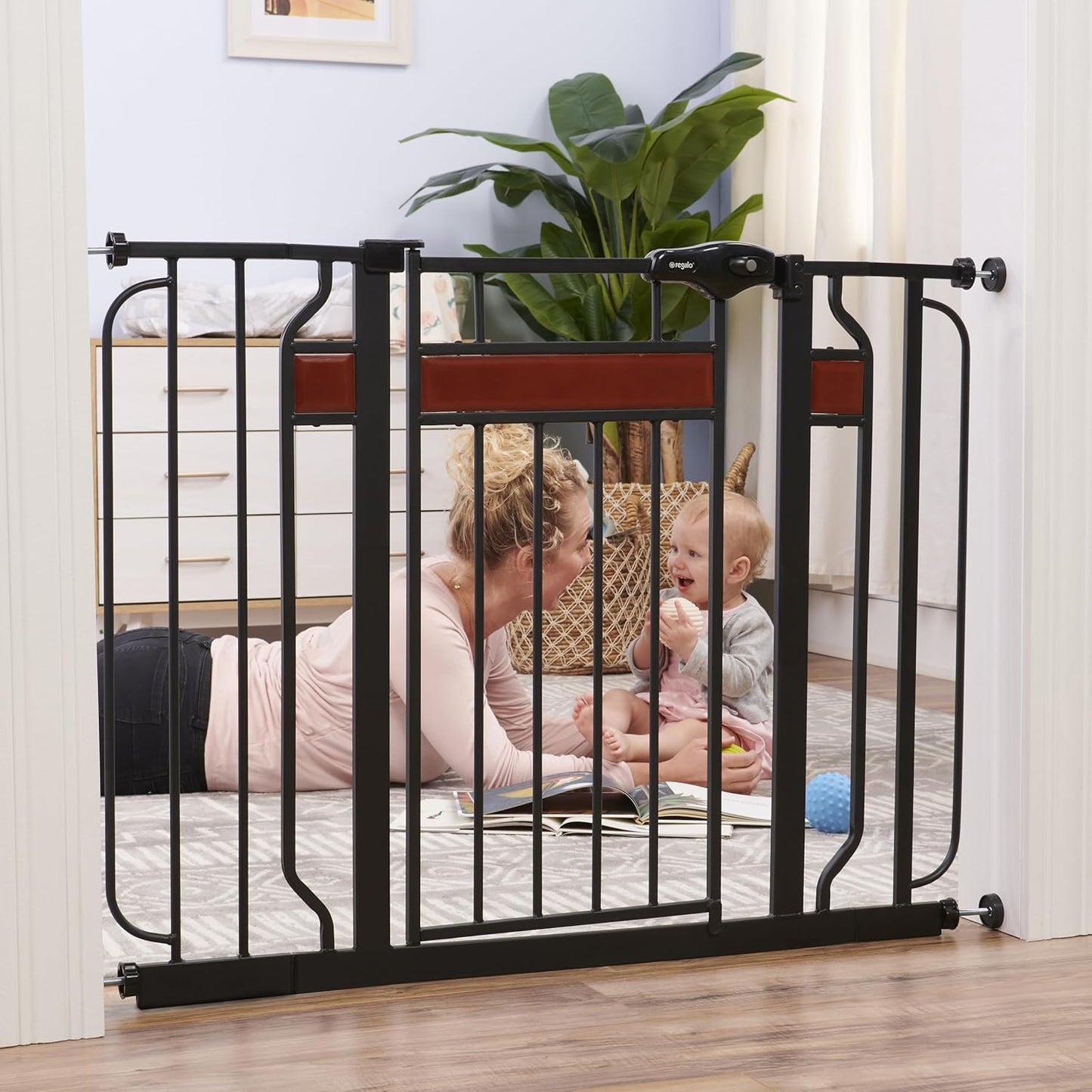 Regalo Safety 30.5-58" Extra Wide Arch Baby Gate with Door, Pressure Mount Walk Through Gate for Doorways & Bottom of Stairs, Babies, Toddlers & Pets, Tested & Safe, American Designed, American Owned