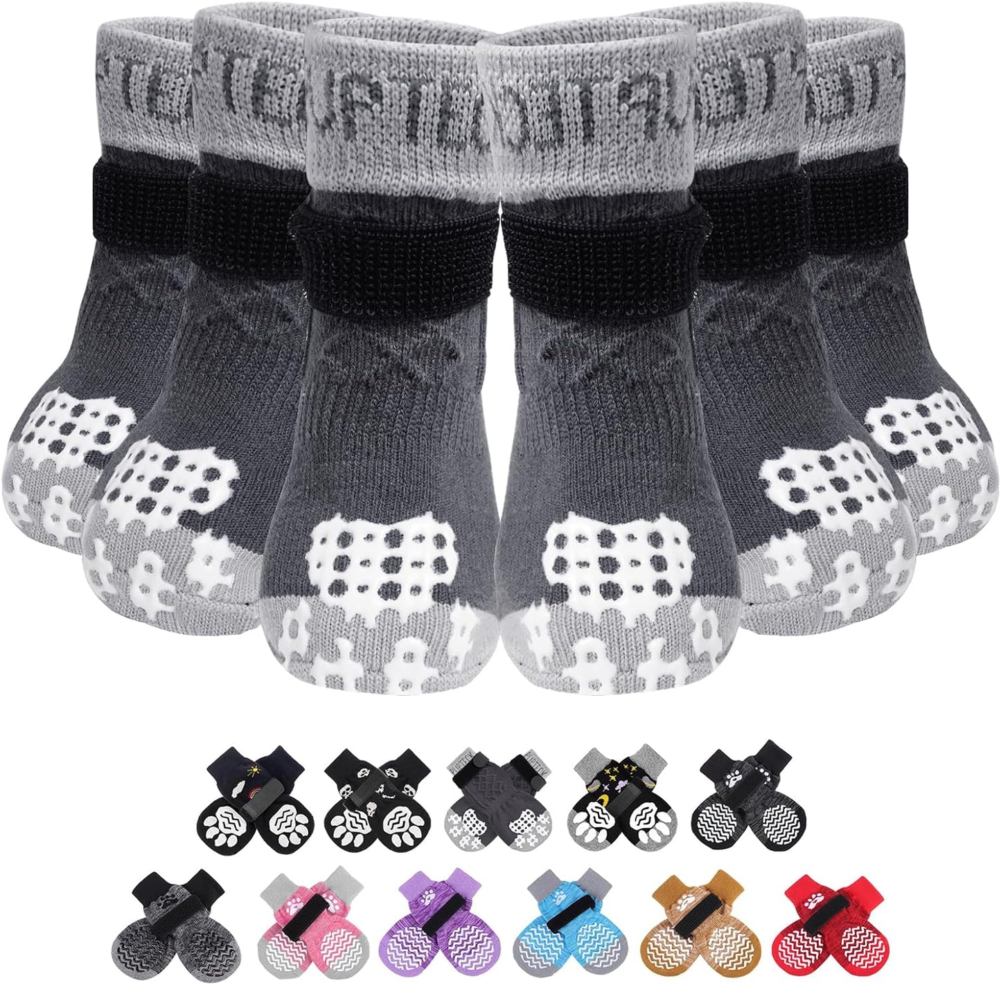PUPTECK Anti Slip Dog Socks with Double Grippers for Hardwood Floors, Shoes for Hot/Cold Pavement, Boots & Paws Protectors to Prevent Licking, Traction Booties for Senior Small Large Dogs