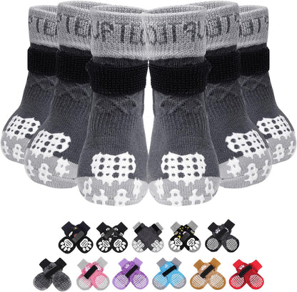 PUPTECK Anti Slip Dog Socks with Double Grippers for Hardwood Floors, Shoes for Hot/Cold Pavement, Boots & Paws Protectors to Prevent Licking, Traction Booties for Senior Small Large Dogs