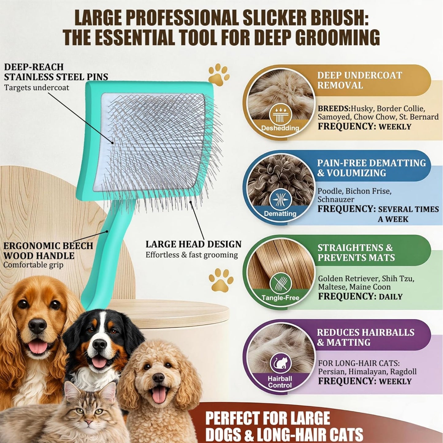 Slicker Brush for Doodles and Poodles - 2-Piece Solid Wood Dog Grooming Set with Extra Long Pin Dematting Tool and Metal Comb for Curly, Matted & Thick Hair, Purple