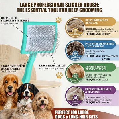 Slicker Brush for Doodles and Poodles - 2-Piece Solid Wood Dog Grooming Set with Extra Long Pin Dematting Tool and Metal Comb for Curly, Matted & Thick Hair, Purple