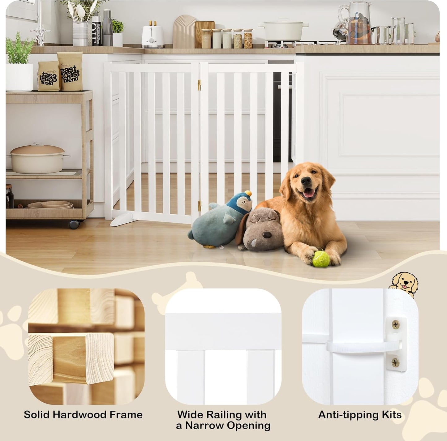 36" Height Extra Tall Freestanding Pet Gate, Solid Wood Folding Safety Fence Wooden Dog Gate with 2 PCs Support Feet Ideal for Stairs, Doorways, Halls, Kitchens, Heavy Duty Gates, 3 Panels, Oak