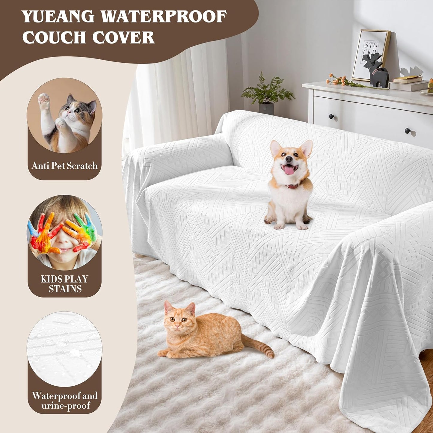 Waterproof Couch Cover, Reversible, Pet-Friendly, Washable and Anti-Slip Couch Covers for Sofa Protection with 3 Cushions, Sofa Slipcovers for Dogs and Cats (71×118in/Brown)