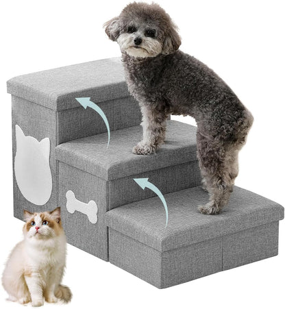 Wider Dog Steps for Bed 17" H, Foldable Dog Stairs with Storage, Non-Slip Pet Steps for Small Medium Large Dogs, Arthritis-Friendly Pet Stairs for Couch and Car Up to 200 lbs, Grey, 3 Steps