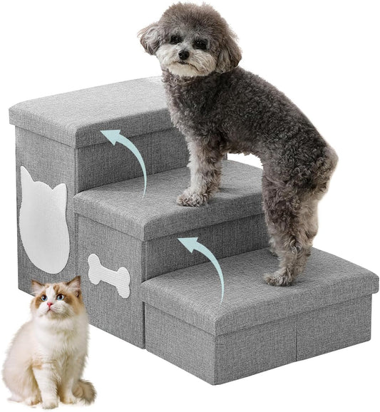 Wider Dog Steps for Bed 17" H, Foldable Dog Stairs with Storage, Non-Slip Pet Steps for Small Medium Large Dogs, Arthritis-Friendly Pet Stairs for Couch and Car Up to 200 lbs, Grey, 3 Steps