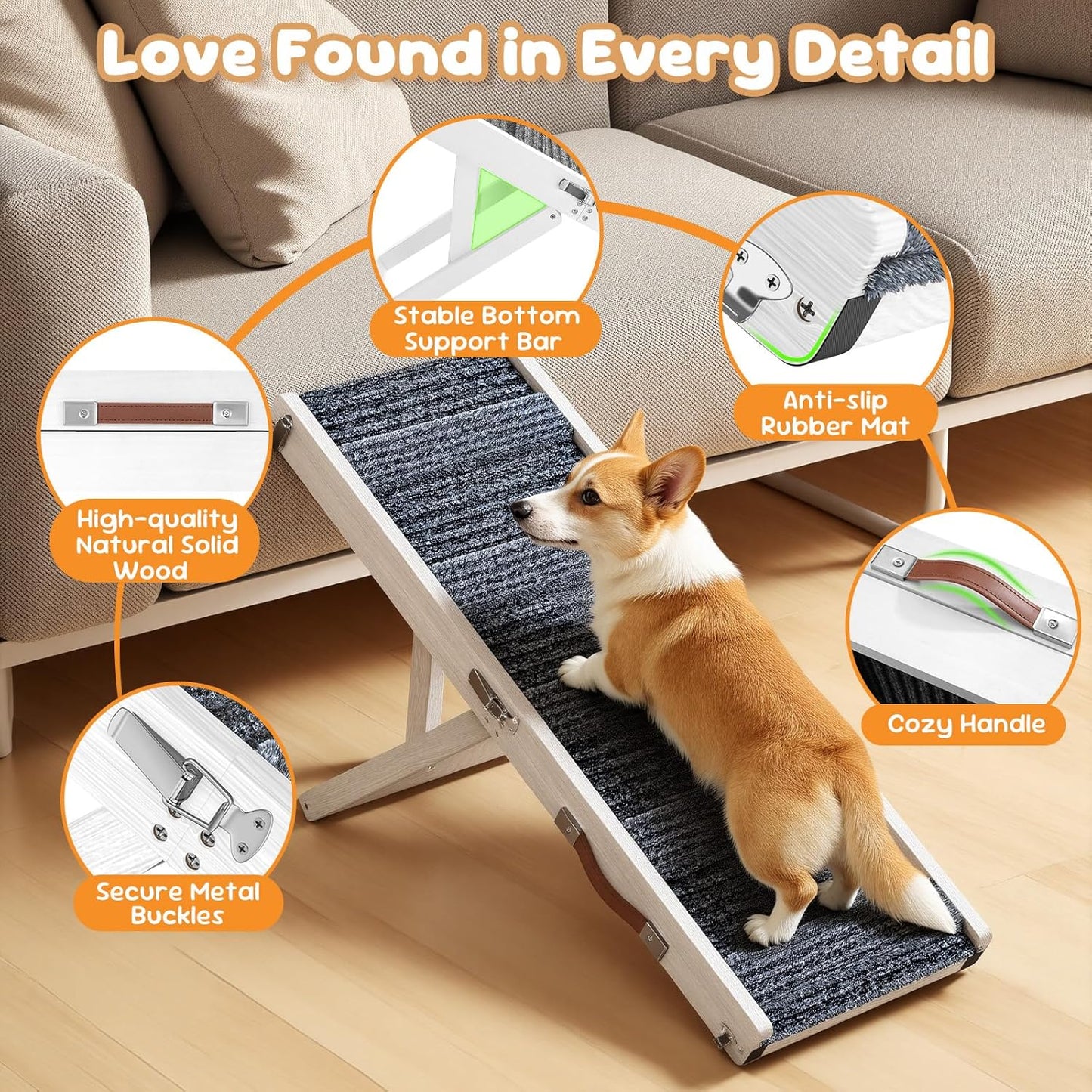 Pawaboo Foldable Dog Ramp, Small Dog Ramp for Couch, 4 Adjustable Height from 13'' to 21", Stable Pet Steps with Non-Slip Pad, Portable Pet Ramps Use for Couch Sofa Stairs, Wood