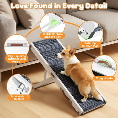 Pawaboo Foldable Dog Ramp, Small Dog Ramp for Couch, 4 Adjustable Height from 13'' to 21", Stable Pet Steps with Non-Slip Pad, Portable Pet Ramps Use for Couch Sofa Stairs, Wood