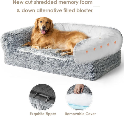 EHEYCIGA Foldable XXL Dog Bed for Large Sized Dog, 54"x38"x7.5" Faux Fur Fluffy Pet Couch Bed, Orthopedic Calming Memory Foam Big Pet Bed, Washable Pet Sofa Bed with Non-Slip Bottom, Dark Grey