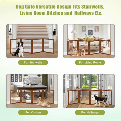 LZRS Clear Dog Gate for Indoor Use - Transparent Pet Fence with Solid Hardwood and Plastic Board, Stylish & Durable freestanding Pet Gate for Doorways, Stairs and Hallways-2 Panel Cherry