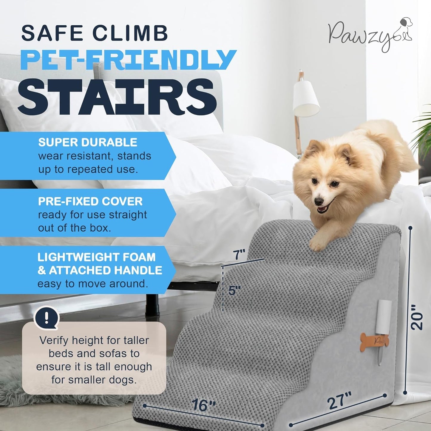 PAWZY Dog Stairs for Medium-Height Beds & Couches, 3-Step Foam Pet Steps 15.5” High for Small Dogs & Cats up to 60 lbs, Wide Non-Slip, Waterproof Washable Zipper Cover, No Assembly, Grey