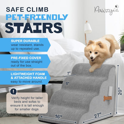 PAWZY Dog Stairs for Medium-Height Beds & Couches, 3-Step Foam Pet Steps 15.5” High for Small Dogs & Cats up to 60 lbs, Wide Non-Slip, Waterproof Washable Zipper Cover, No Assembly, Grey