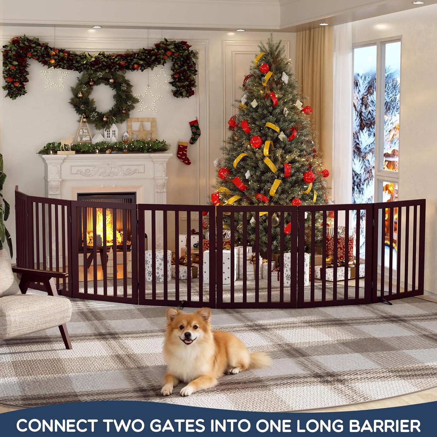 Homykic Bamboo Freestanding Dog Gate, No Assembly Pet Gate Indoor, 24”H x 75”W Extra Wide Foldable Puppy Fence with Support Feet for the House, Doorways Stairs, 4 Panels, No Drilling, Espresso
