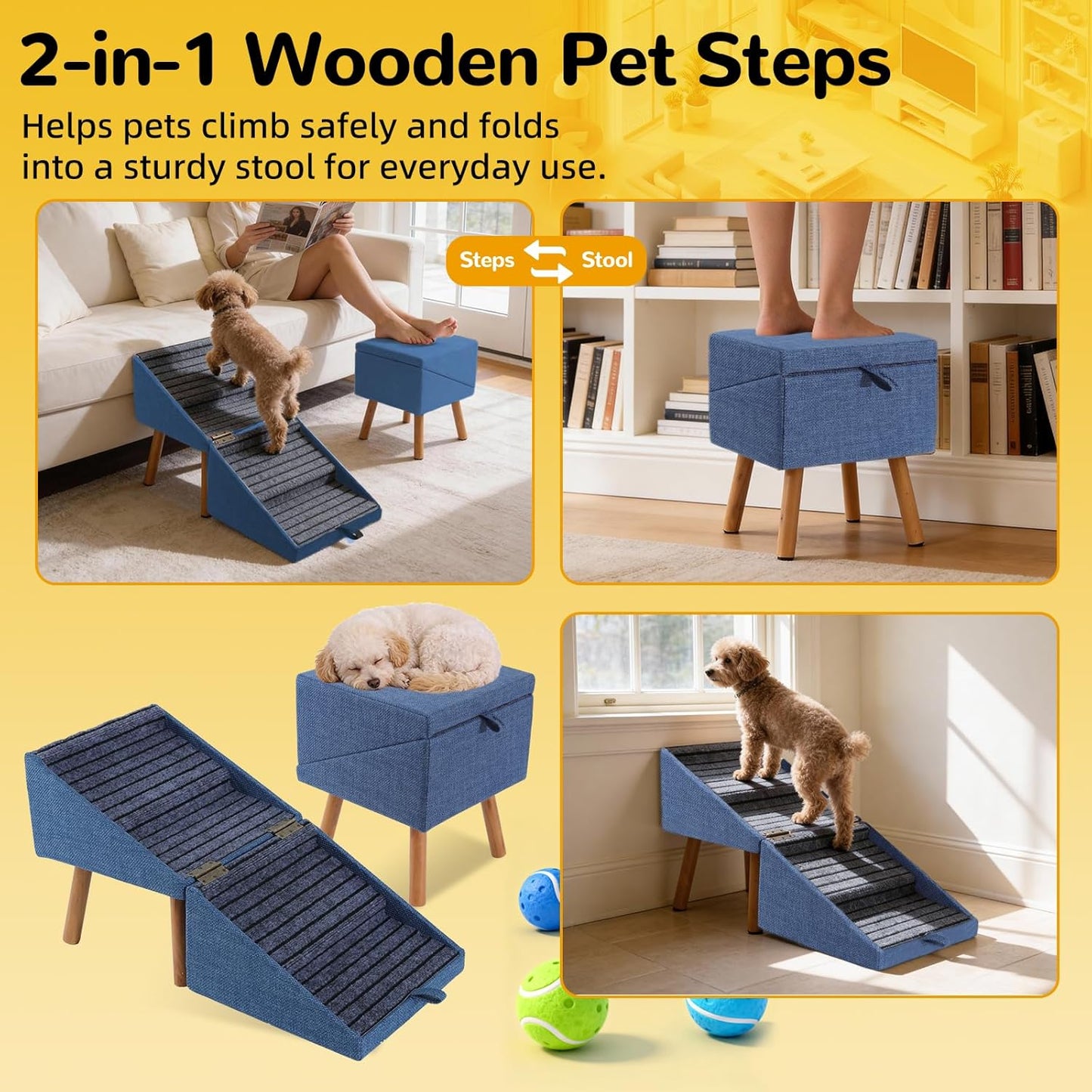 17.13" H Dog Stairs for Small Dogs, 2-in-1 Pet Steps & Ottoman - Foldable Dog Stairs for Couch, Non-Slip Wooden Pet Stairs for Puppy Senior Injured Dogs