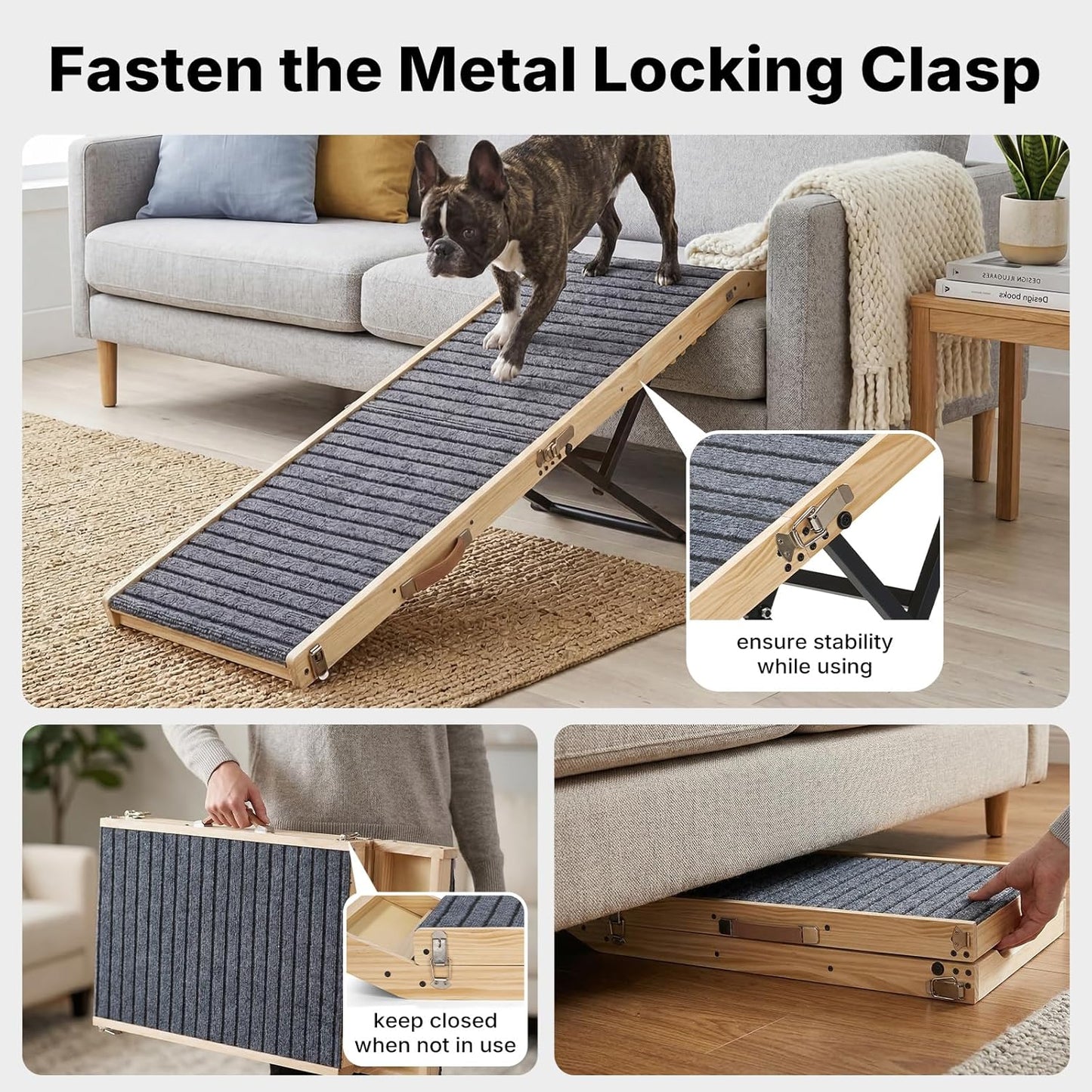Veehoo Folding Dog Ramp for Bed Couch, 65" Long Stairs for Dogs to Get on High Bed with Platform and 5 Adjustable Height 20" to 31“, Wooden Senior Dog Ramp Steps for Small to Large Dogs, up to 220lbs
