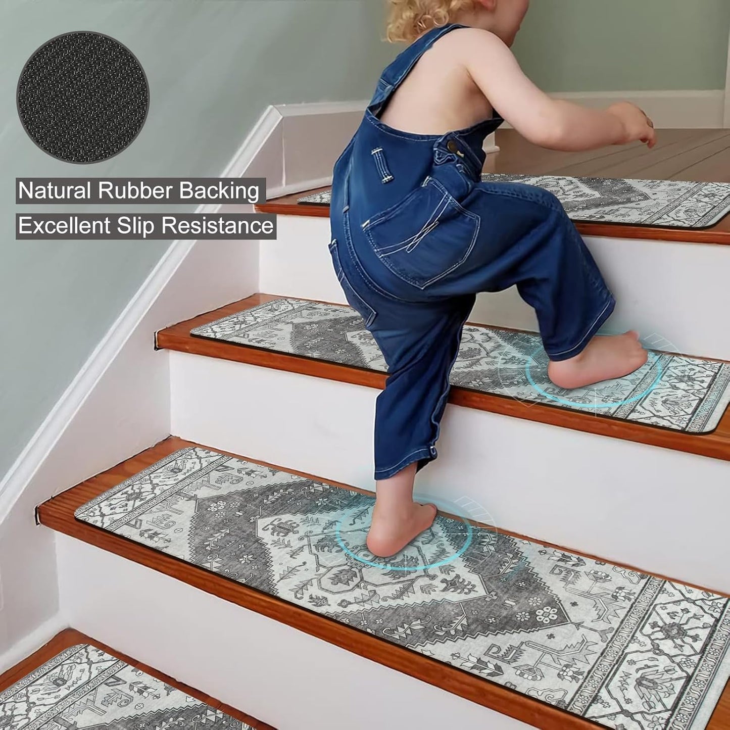 OJIA Non-Slip Carpet Stair Treads for Wooden Steps Set of 15, 30''X8'' Indoor Runner Resistant Rugs Rubber Safety Mats for Dogs, Kids & Elders, Stairway Grip