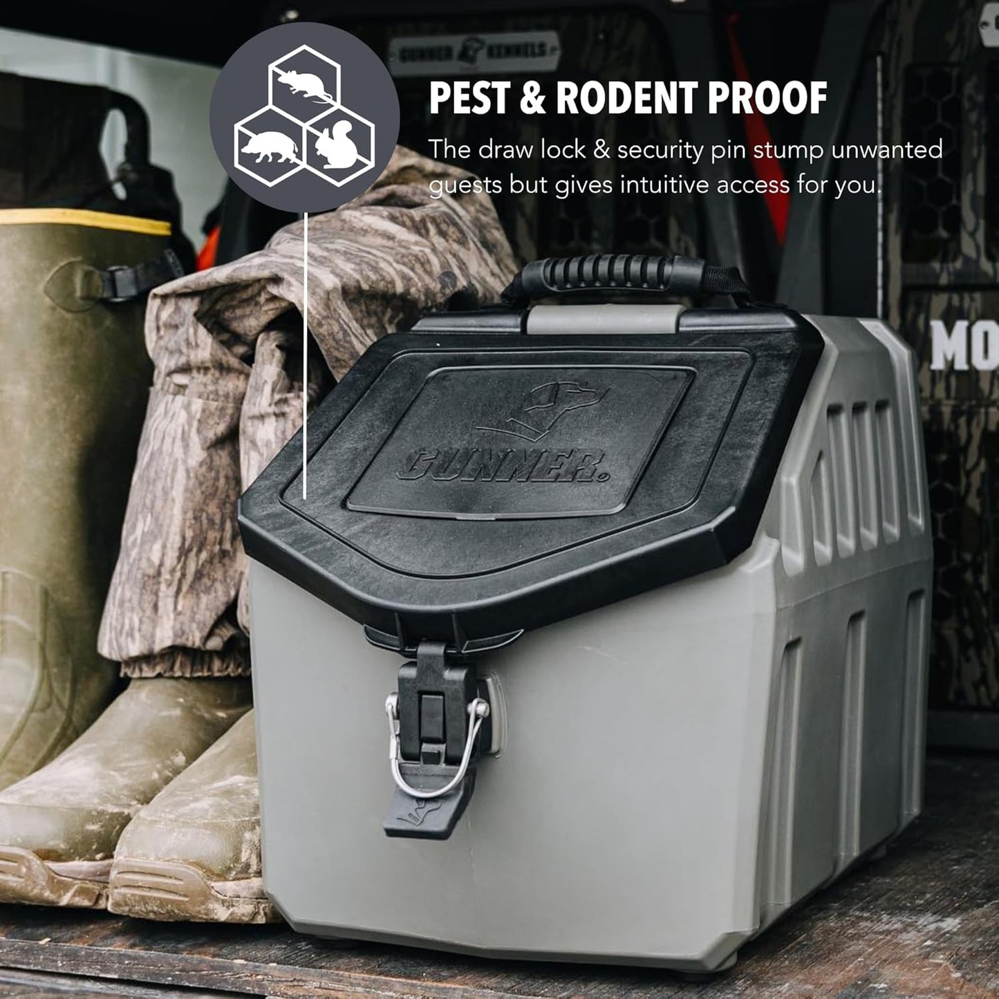GUNNER 50 lbs Dog Food Storage Container - Waterproof & Airtight Pet Food Bin - Multi-Purpose Container for Dry Food, Corn, Chicken Feed, Treats, Bird Seed, & More - Gunmetal