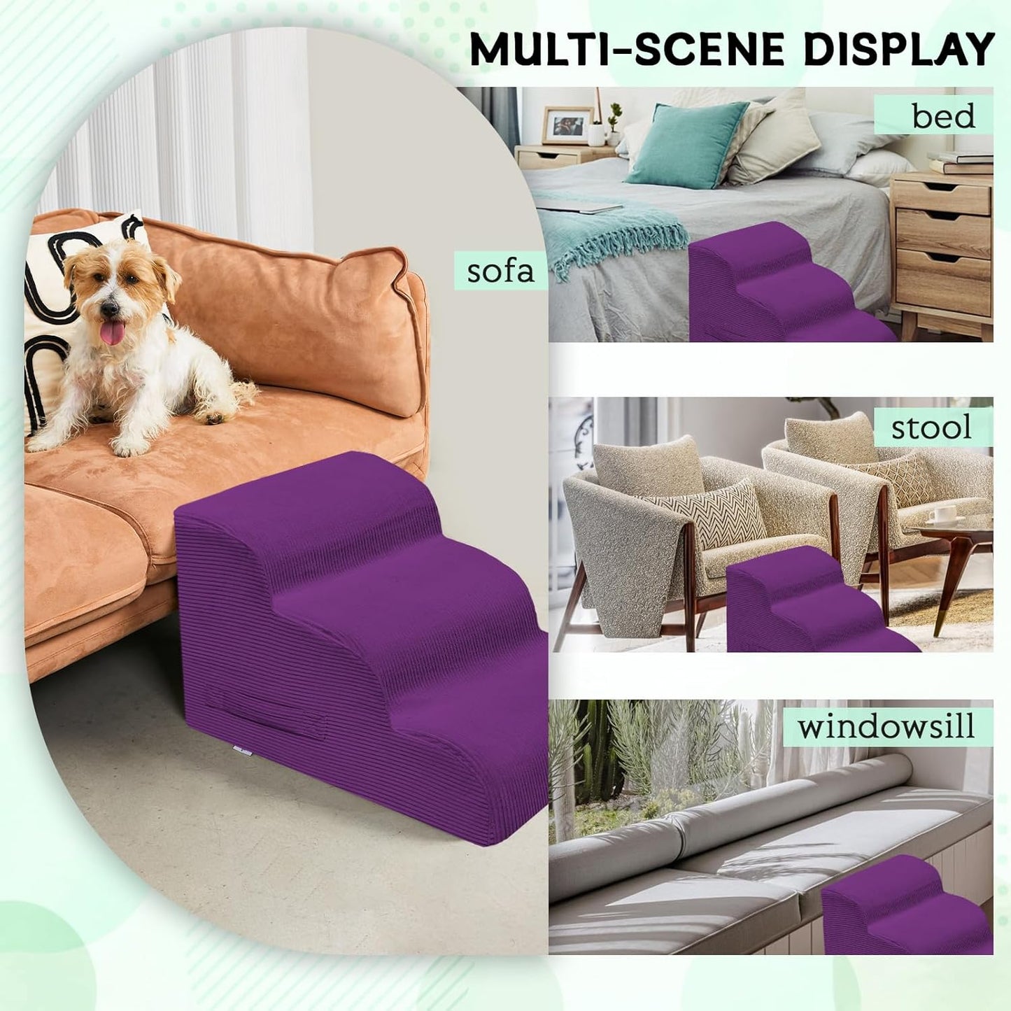 Mesa Lemon Dog Stairs & Steps for High Beds, 3 Steps High Density Foam Waterproof Dog Ramp for Small Dogs and Cats, Pet Stairs with Removable Washable Cover for Bed, Couch, Sofa and Car (H:16")