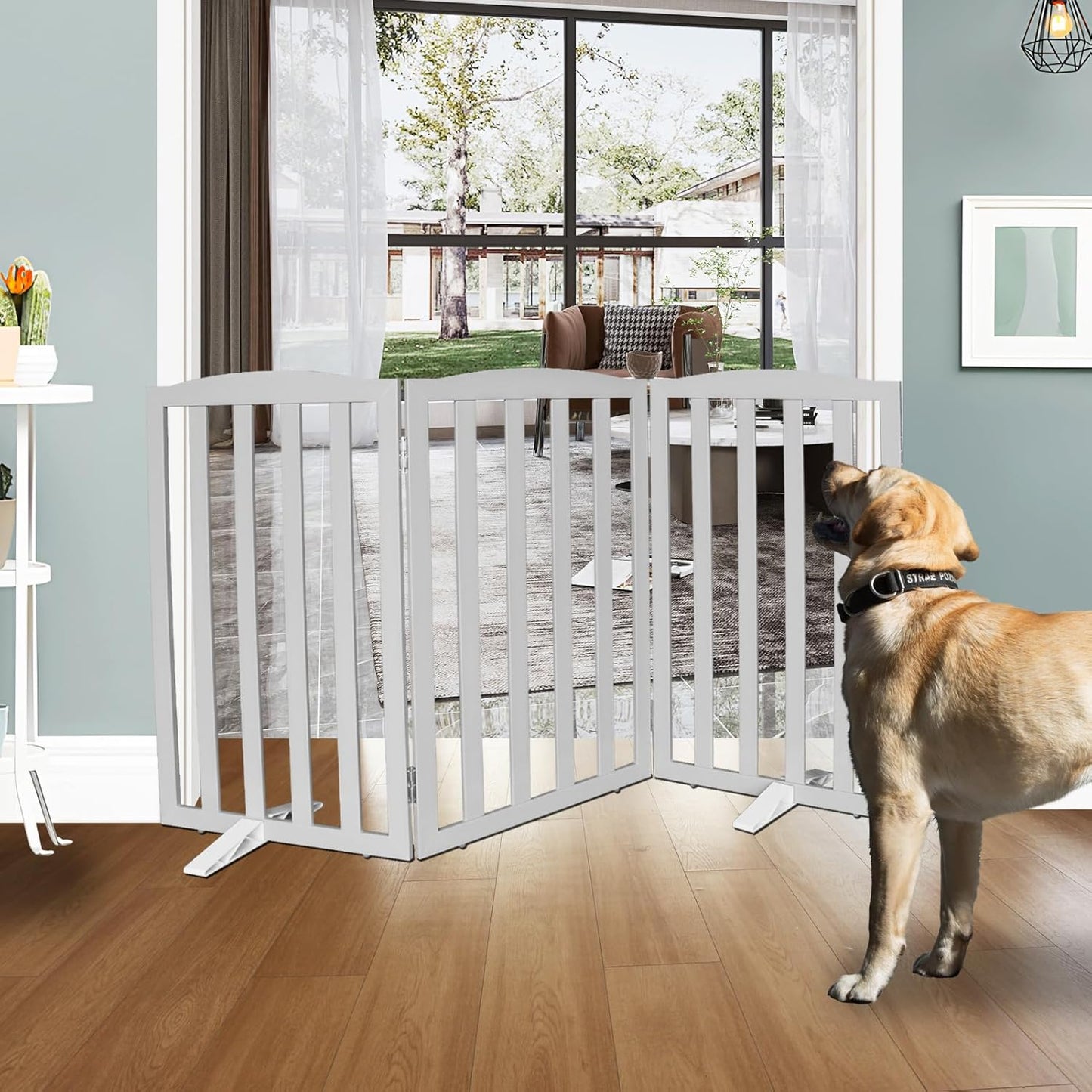 ZJSF Foldable Freestanding Indoor Dog Gate for House Wood White Long Pet Gates Dog Fence for Stairs Puppy Gates for Hallways,Pet Fence, Puppy Gate,Support Feet Included 24 "Height-3 Panels