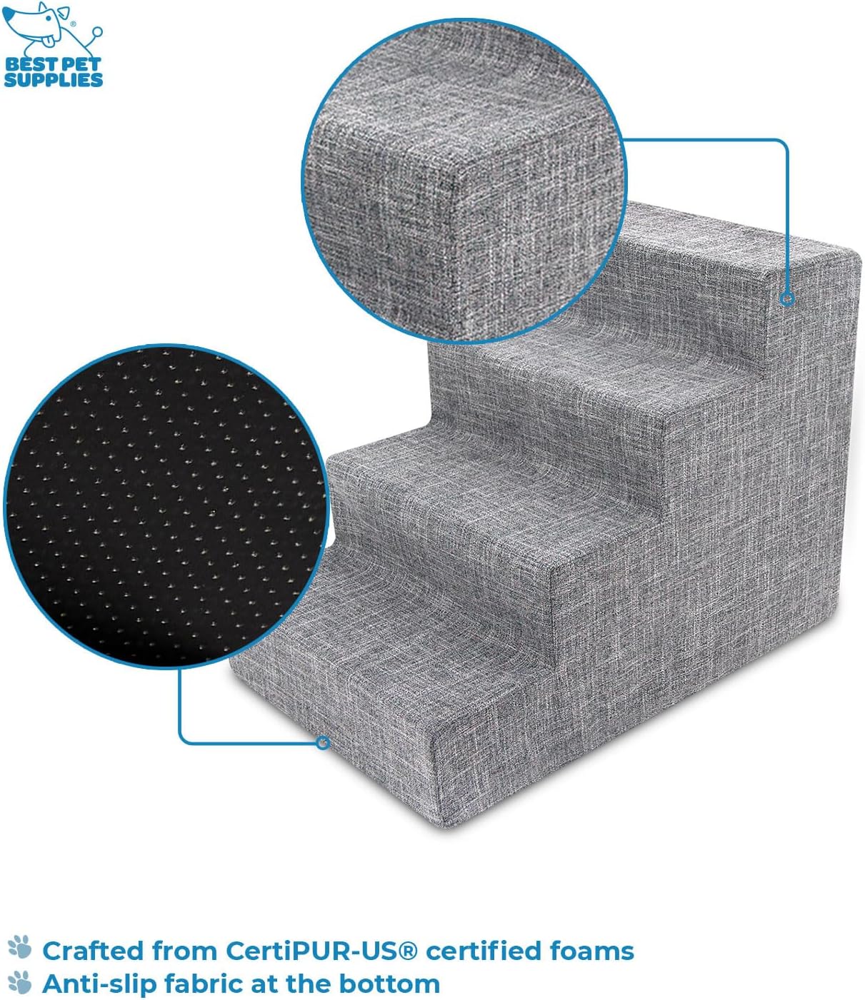 Best Pet Supplies Dog Stairs & Steps - Foam Steps for Small Dogs & Cats, Non-Slip Indoor Balanced Pet Step Support, Dog Ramp, No Assembly, Ash Gray Linen, 2-Step (12-inch Height)