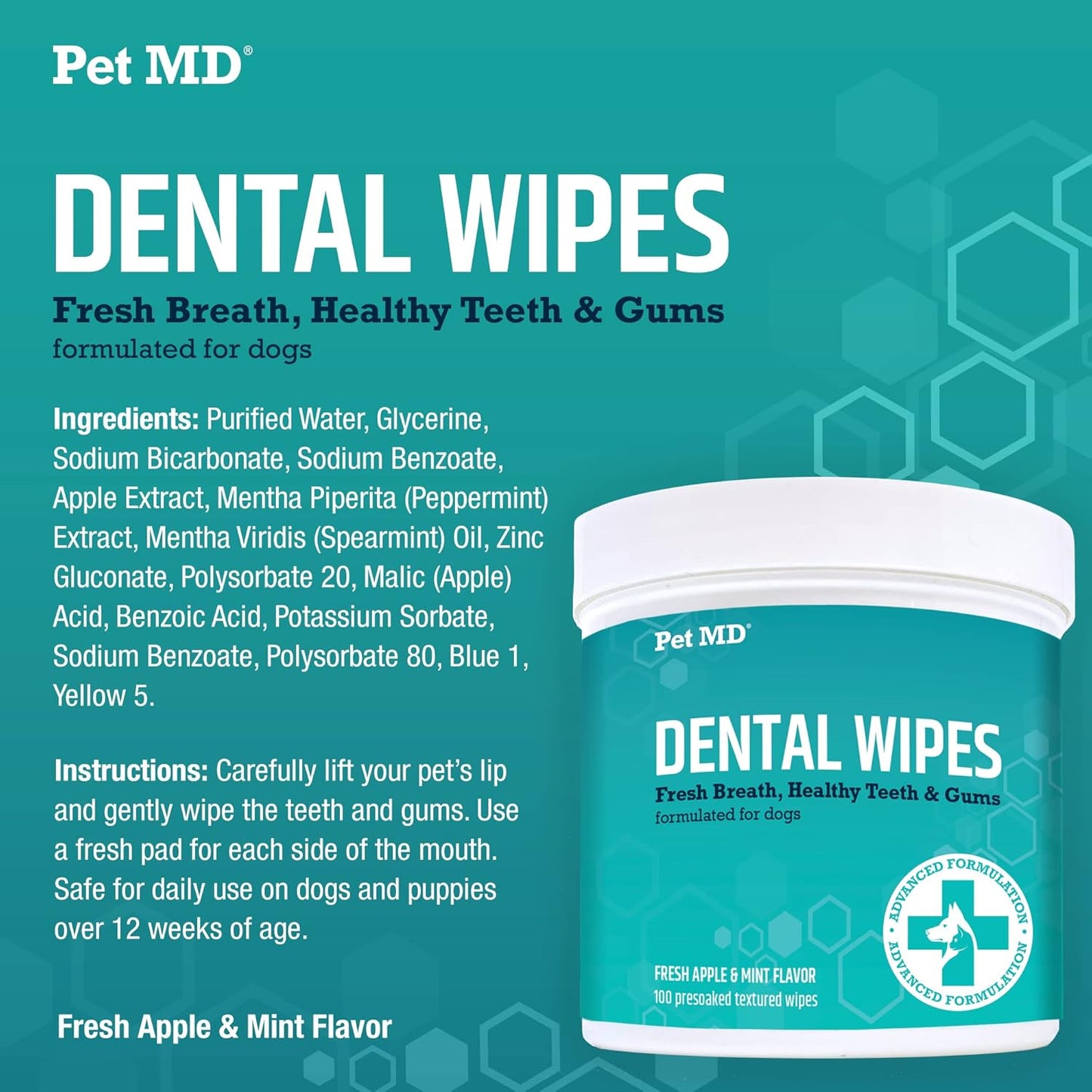 Pet MD Pet Dental Finger Wipes for Dogs - Plaque and Tartar Remover for Dogs to Improve Oral Care - Pet Teeth Cleaning Finger Wipes for Healthy Gums and Fresh Breath - Fresh Apple & Mint, 50ct