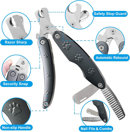 Best Dog Nail Trimmer for Anxiety Sensitive Dog, Silent Smoothest Large Dog Nail Clippers for Large Dogs with Thick Nail, 3-in-1 Build-in Comb & Nail File, Heavy Duty Professional Canine Nail Clipper