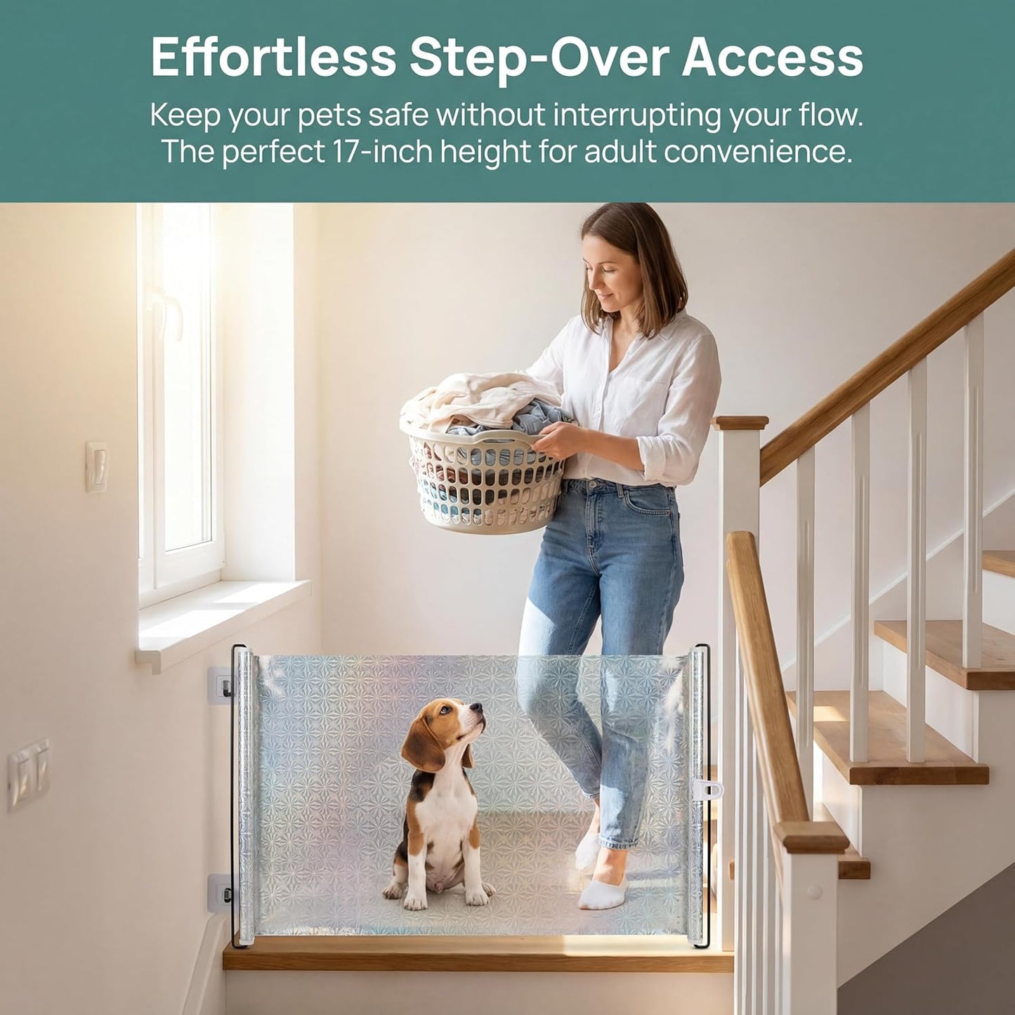 17" Step Over Retractable Dog Gate, 49" Wide Adjustable No-Drill Pet Barrier, Plastic Indoor Puppy Gate for Doorways Stairs Hallways, Small Dog Containment with Adhesive Hooks