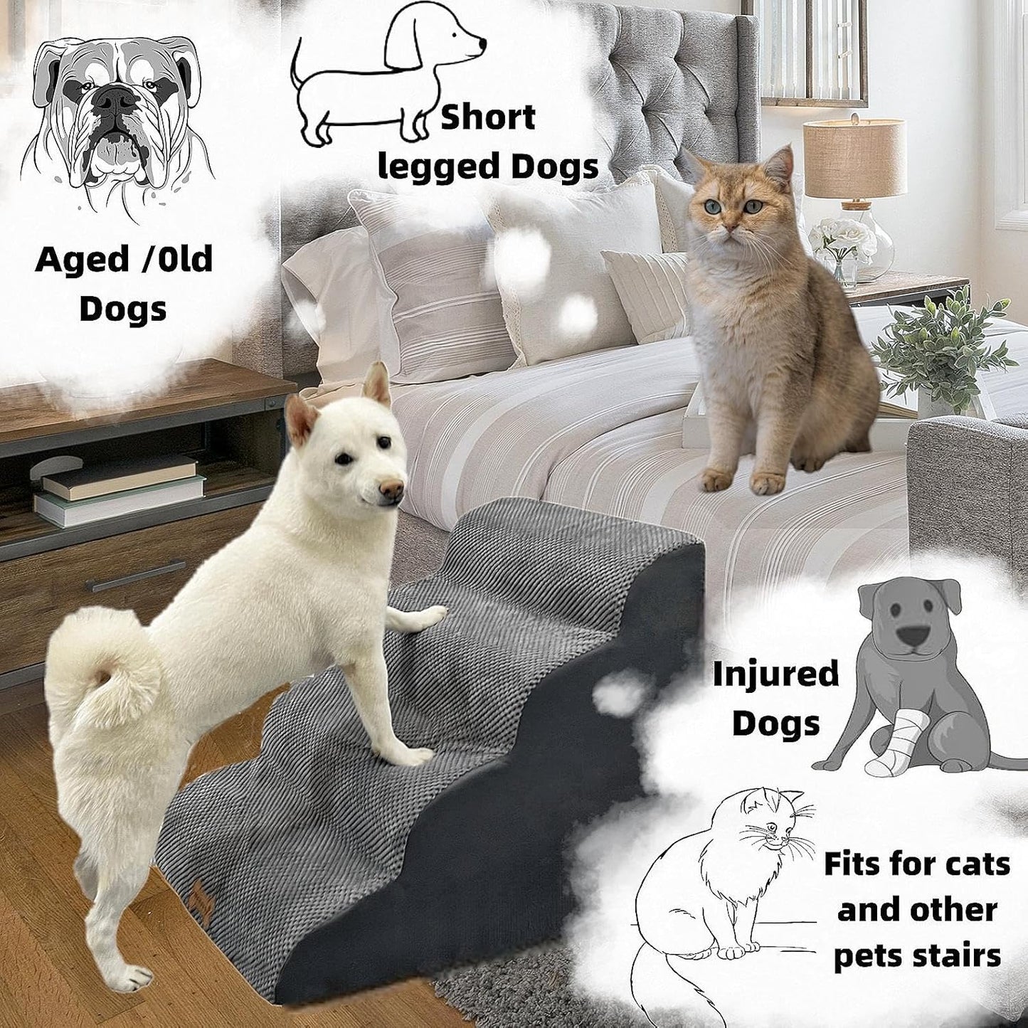 Necrely 4-Step Dog Stairs for High Beds 18-24 Inch Pet Steps 2 3 4 5 Tier Ladder Non-Slip Sturdy Ramp Small Medium Large Dog Steps to Couch Bed Old Dogs Balanced Pet Stairs for Getting on Bed