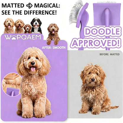 Slicker Brush for Doodles and Poodles - 2-Piece Solid Wood Dog Grooming Set with Extra Long Pin Dematting Tool and Metal Comb for Curly, Matted & Thick Hair, Purple