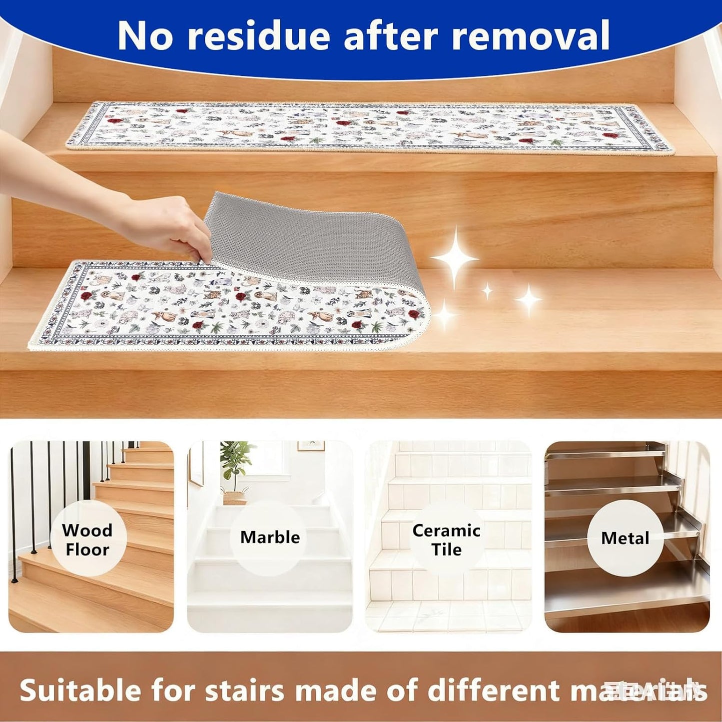 Animal Cat Dog Stair Treads Non Slip for Wooden Steps 15PCS 8"x30" Stair Carpet Treads TPR Backing Soft Stair Runner Washable Reusable Indoor Safety Stair Mats for Elders Kids Dogs Black