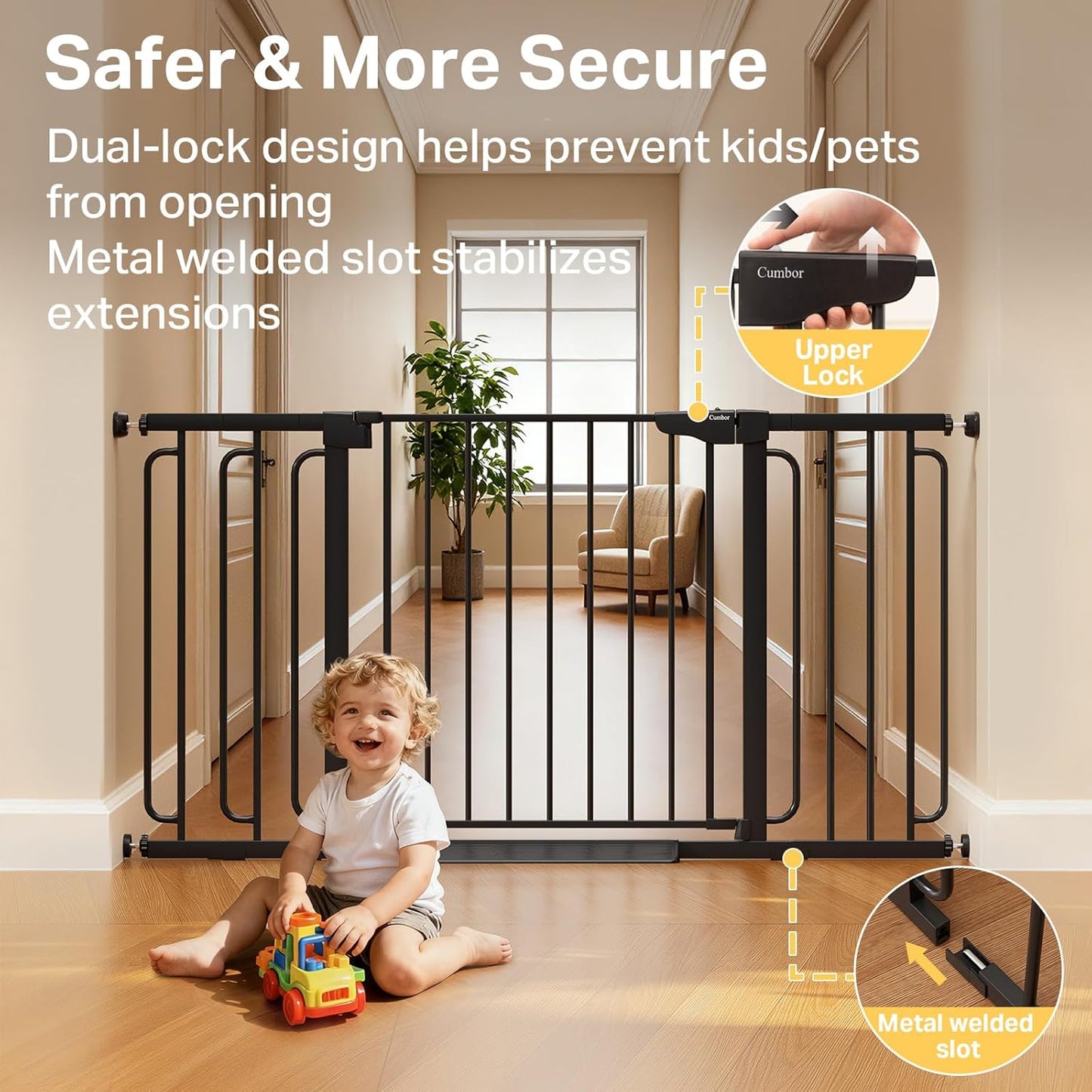 Cumbor 36.6-64" Extra Wide Baby Gate for Stairs, Dog Gates for Doorways, Auto-Close Pet Gate Indoor, Pressure Mounted Walk Through Safety Child Gate for Kids Toddler, Tall Pet Puppy Fence Gate, Brown