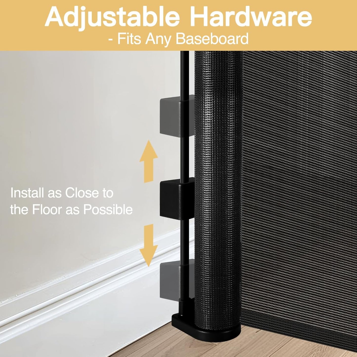 Reinforced 42" Tall Retractable Dog Gate, 155" Extra Long Retractable Baby Gate with Support Rods - Prevent Crawling Under, Indoor/Outdoor Retractable Gate Extra Tall Baby Gate Retractable Fence/Black