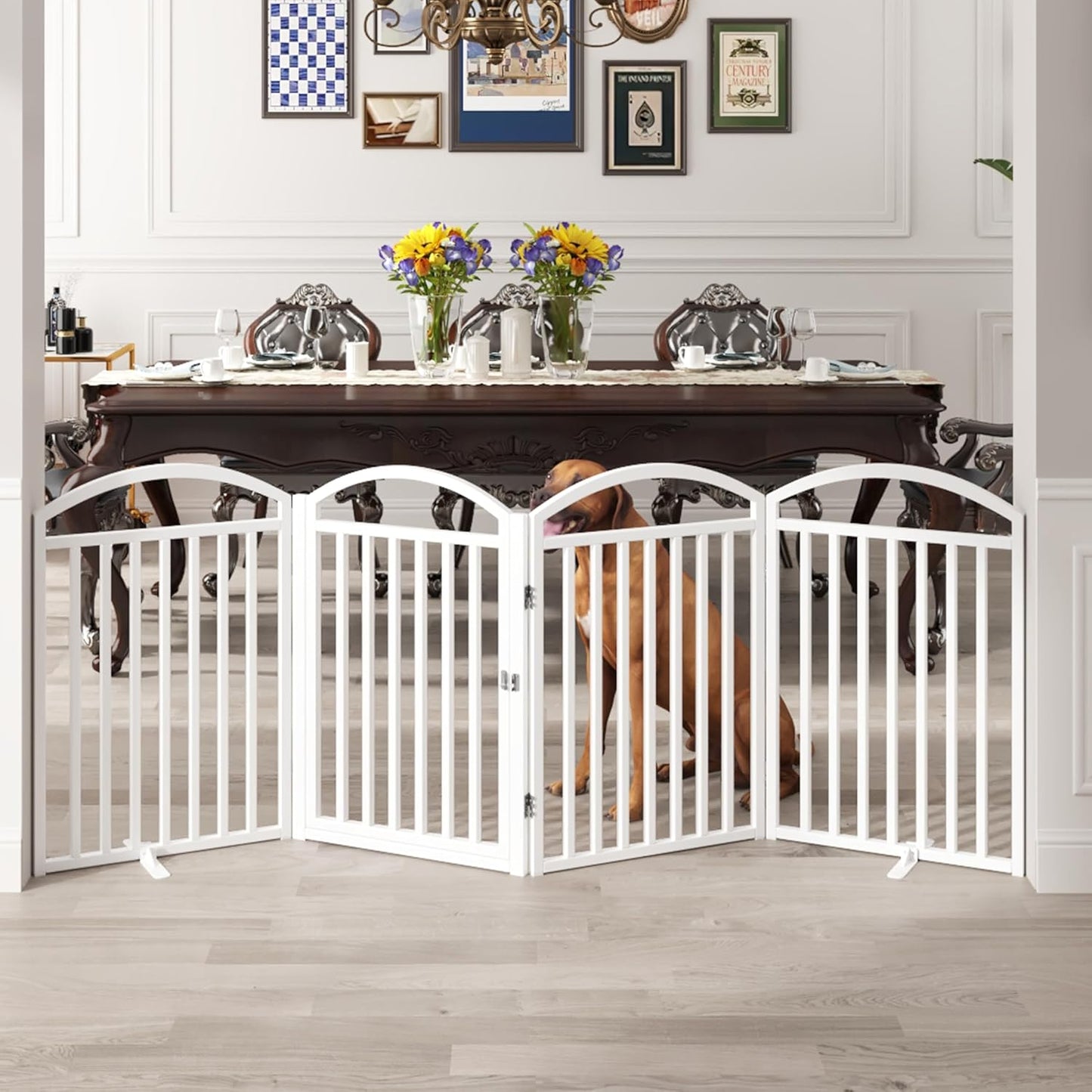 Folding No-Assembly Freestanding Dog Gate with Door,32" Heights Foldable Pet Fence,144" Extra Wide Accordion Puppy Folding Playpen for Doorways,House,Stairs (6 Panels,White)