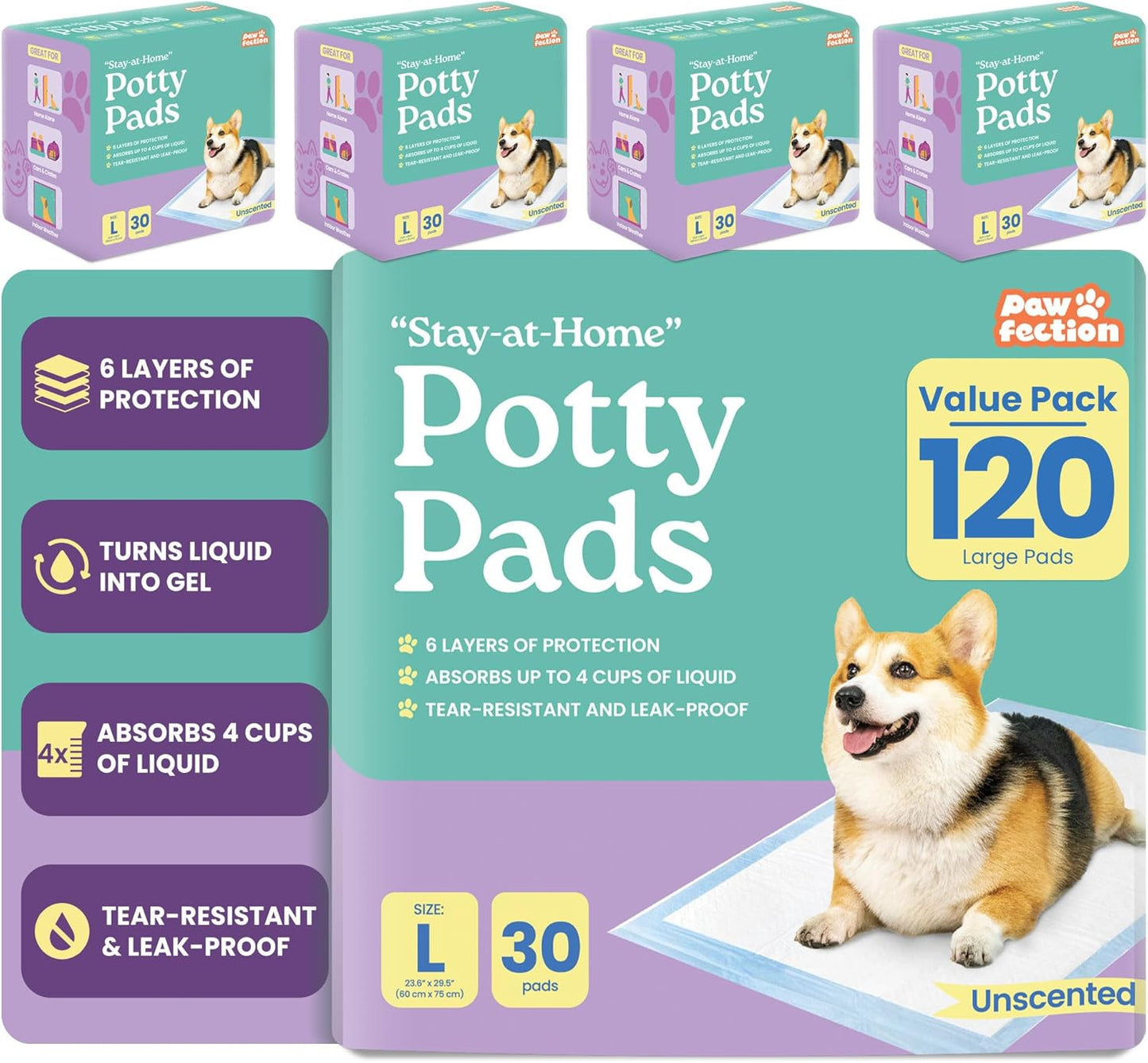23.6" x 29.5" Unscented Puppy Pads – 6-Layer Absorbent Design – Holds up to 4 Cups of Liquid – Leak Proof & Tear Resistant for Indoor or Travel Crate Use – 30 Count Pee Pads for Dogs