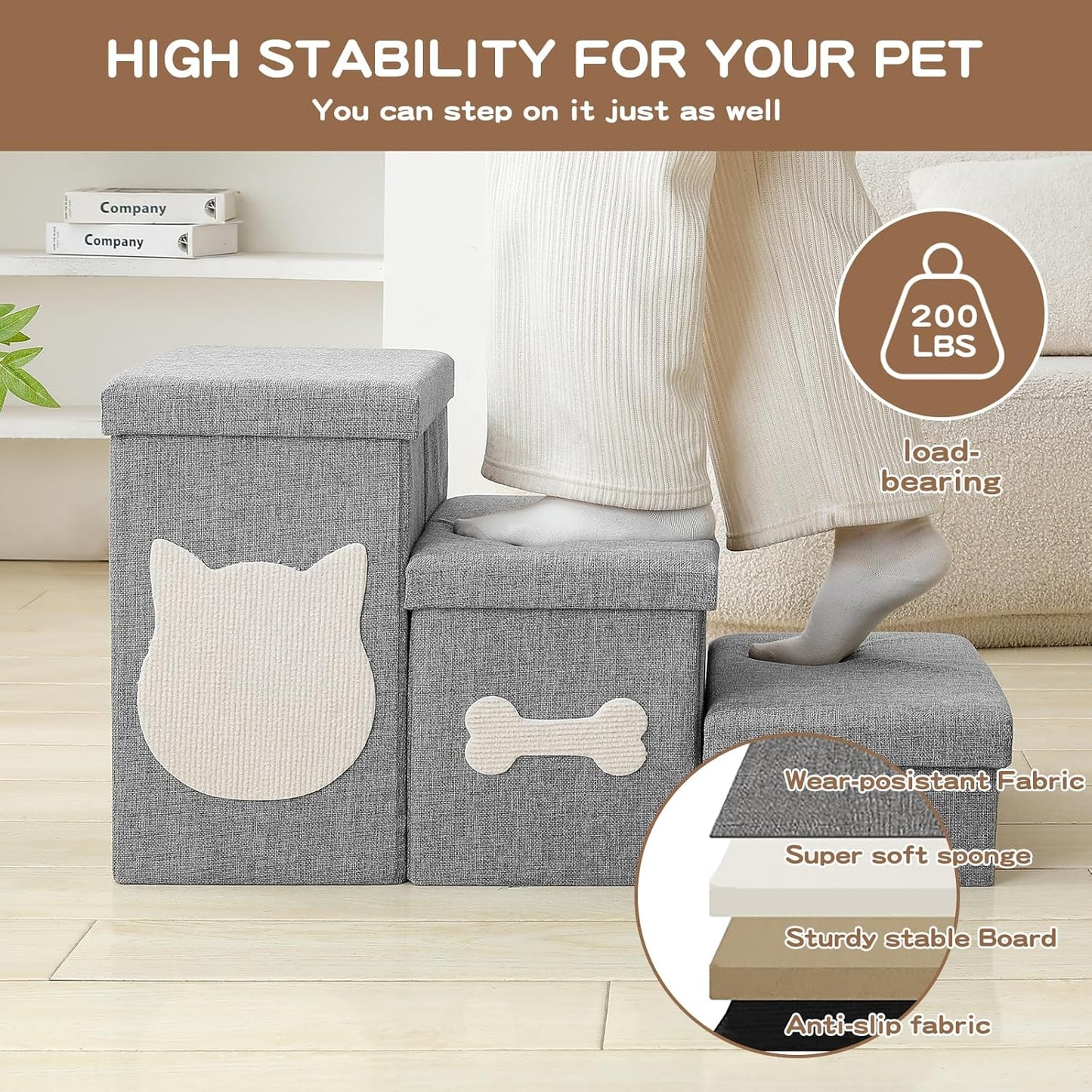 Wider Dog Steps for Bed 17" H, Foldable Dog Stairs with Storage, Non-Slip Pet Steps for Small Medium Large Dogs, Arthritis-Friendly Pet Stairs for Couch and Car Up to 200 lbs, Grey, 3 Steps