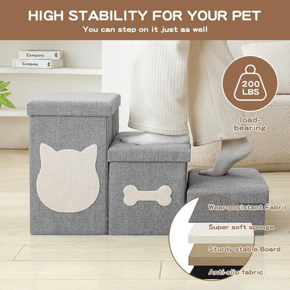 Wider Dog Steps for Bed 17" H, Foldable Dog Stairs with Storage, Non-Slip Pet Steps for Small Medium Large Dogs, Arthritis-Friendly Pet Stairs for Couch and Car Up to 200 lbs, Grey, 3 Steps