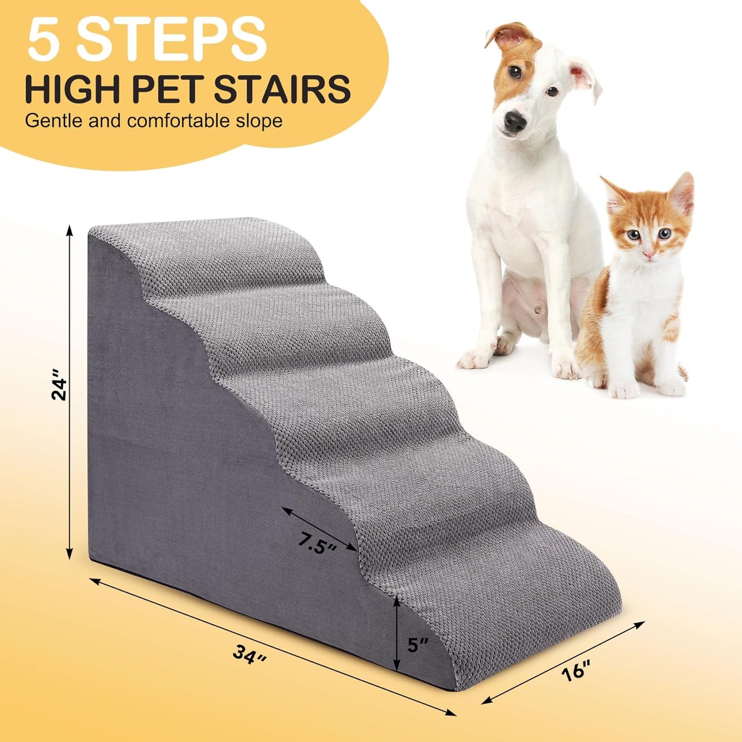 CiWiVOKi Dog Stairs for Bed, 5-Step Dog Steps for Couch and High Bed, Non-Slip Pet Stairs, 24" High Sofa Foam Ramp - Best for Small Pets, Older Cats with Joint Pain