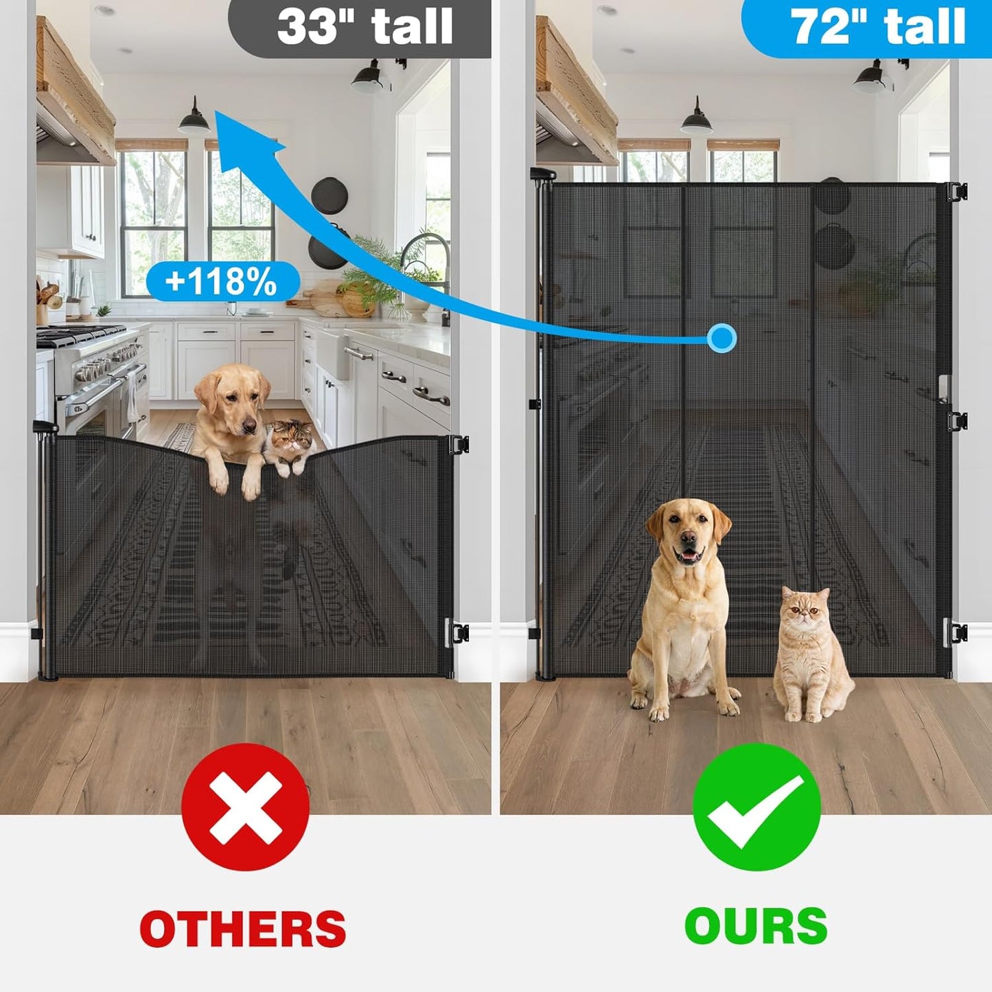 Reinforced 72" Extra Tall Pet Gate for Cat, Dog, Puppy & Baby, Jump-Resistant & Prevent Crawling Underneath Retractable Baby Gates, Fits 0-55" Width Safety Mesh Dog Gate, 6 Foot Extra Tall Cat Gate