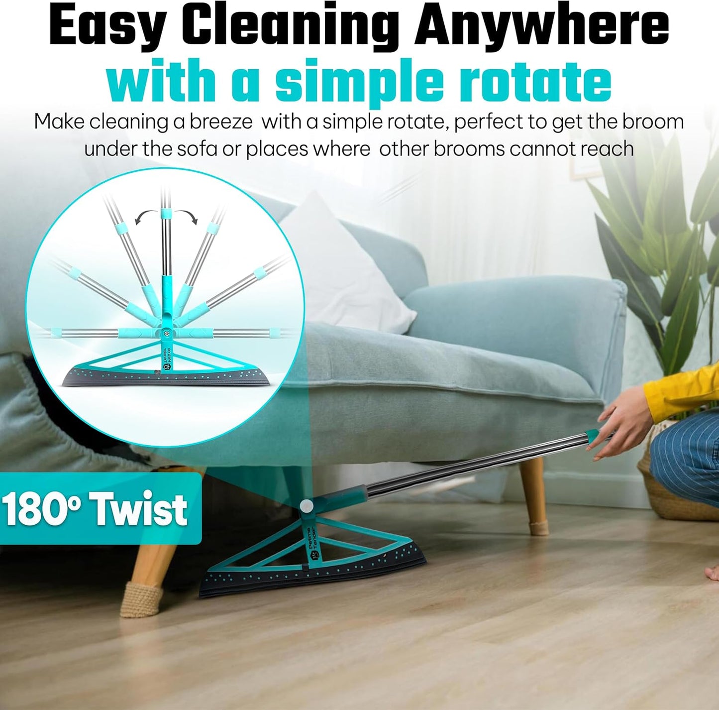 Magic Broom Squeegee Dog Pet Hair Remover, Rotatable, Extendable - Silicone Broom Pet Hair Remover for All-Surfaces Hardwood Floors, Carpet, Tile, Glass, Liquid-Dirt with 60" Handle