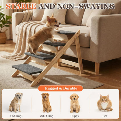 Dog Ramp, Durable Pet Stairs for High Beds, 2-in-1 Foldable Wooden Dog Steps for Couch and Car, Joint-Friendly Stairs for Senior Dogs, Non-Slip Carpeted Pet Steps with High-Weight Capacity