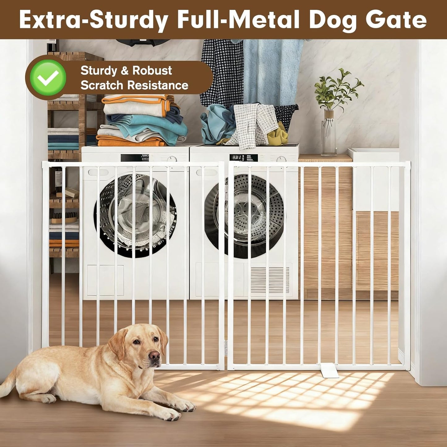 104" Extra Wide Dog Gate, Heavy Duty Metal Freestanding Dog Gate with Door for Indoor & Outdoor, Foldable Pet Fence for Doorways,House,Porch,Deck,Yard,Stairs, Auto Close(4 Panels,Black)