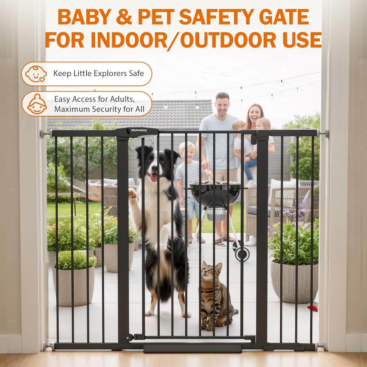 Mumeasy Baby Gate Extra Wide, 29.7-51'' Pressure Mounted Dog Gate with Walk Thru Door, Auto Close Pet Gate for House, Stairs, Doorways,Black