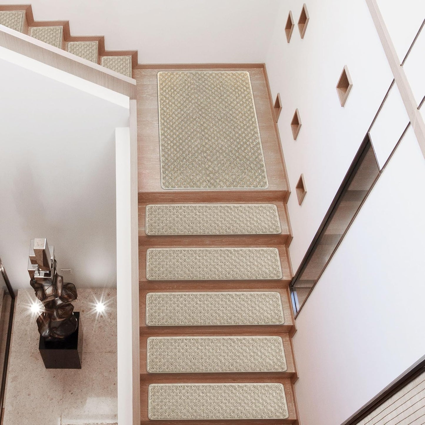 PURE ERA Bullnose Carpet Stair Treads Set Tape Free Non-Slip Indoor Stair Protectors Pet Friendly Rugs Covers Soft Skid Resistant Washable Reusable 9.5" x 30"(14 Pieces,Cream Gray)