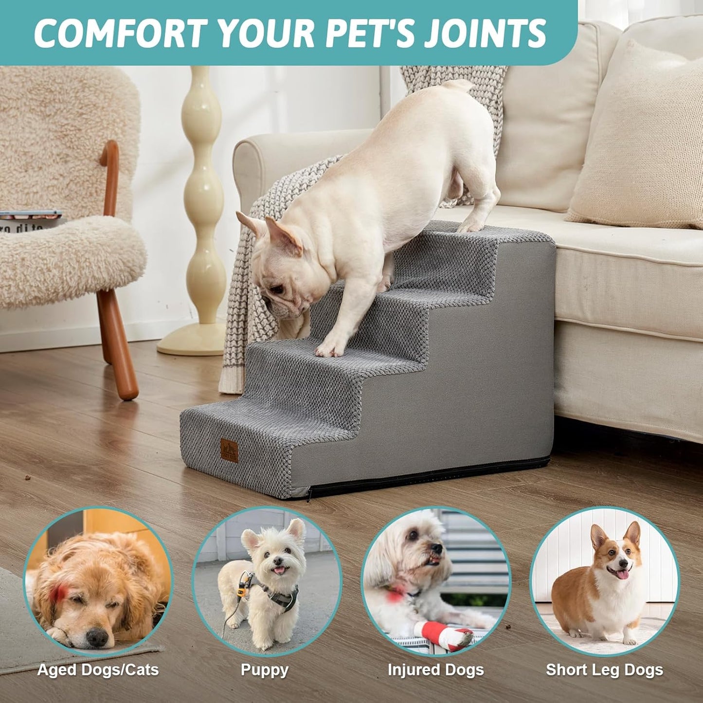 COZY KISS Dog Stairs for Small Dogs, 4 Tier Wider Pet Stairs for Couch and Beds, 17.7" H Non-Slip Dog Steps for Old Cats, Puppy, Small Medium Dogs, 17.7x23.6x17.7 inch, Beige